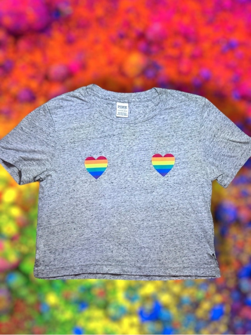 🌈PINK Victoria's Secret Heather Gray Crop Tee with Rainbow Hearts🌈